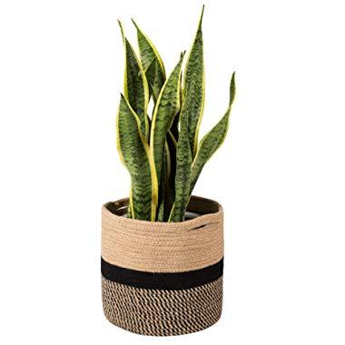 TIMEYARD Sturdy Jute Rope Plant Basket Modern Woven Basket for 10" Flower Pot Floor Indoor Planters, 11” x 11” Storage Organizer Basket Rustic Home Decor, Black and Beige Stripes