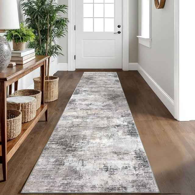IOHOUZE Abstract Runner Rug 2x10 Ft Washable Runners for Hallways, Non Slip Kitchen Runner Printed Faux Wool Entryway Runner Indoor, Modern Abstract Floor Carpet for Hall Kitchen, Grey Beige