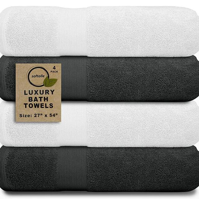 Softolle 100% Cotton Luxury Bath Towels - 600 GSM Cotton Towels for Bathroom - Set of 4 Bath Towel - Eco-Friendly, Super Soft, Highly Absorbent Bath Towel - Oeko-Tex Certified - 27" x 54" (Grey-White)