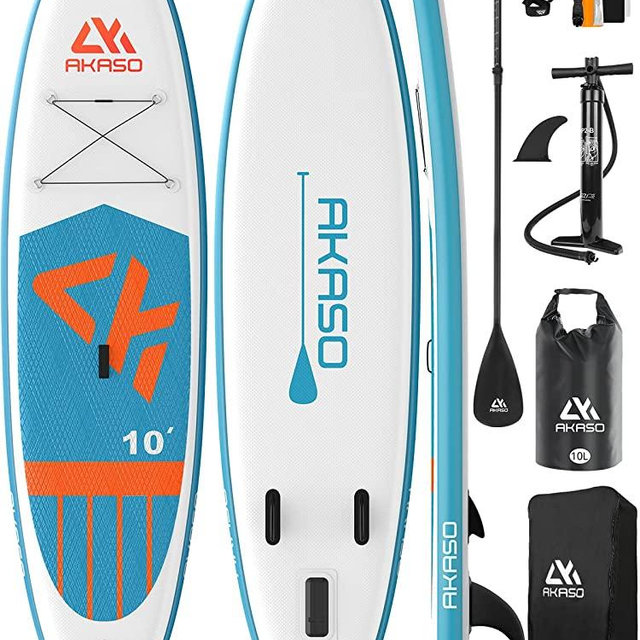 AKASO Inflatable Stand-Up Paddleboard, Yoga SUP with Backpack, Non-Slip Deck, Waterproof Bag, Leash, Floating Paddle and Hand Pump