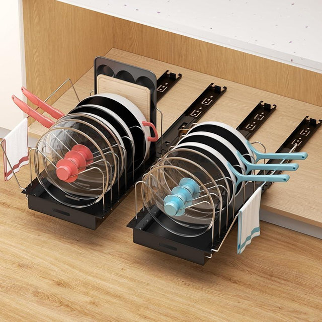 Golener 2 Packs Pots and Pans Organizer Under Cabinet, No Drill Slide-Out Pan Organizer with Adjustable Dividers & Handle Bracket, Pot Lid Holder, Pan Storage Inside Cabinet for Kitchen