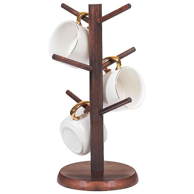 Dorhors Coffee Mug Holder,Coffee Mug Tree,Coffee Organizer Station with 6 Hooks,Wood Coffee Mug Holders for Counter,Coffee Bar Accessories and Decor (Walnut)
