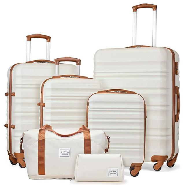 LONG VACATION Luggage Set 4 Piece Luggage Set ABS hardshell TSA Lock Spinner Wheels Luggage Carry on Suitcase (WHITE, 6 piece set)