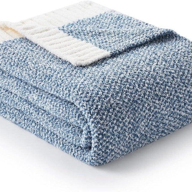 Snuggle Sac Heather Blue Knitted Blanket, Reversible Super Soft Microfiber Fuzzy Blankets Warm Cozy Knit Plush Lightweight Blankets for Bed, Sofa, Couch, Camping, Picnic, 60 x 80 inch