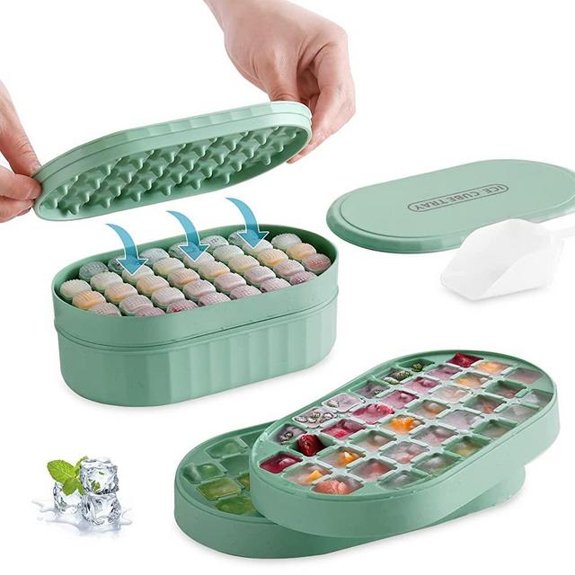 RAVNDOX Ice Cube Trays, Easy Press Ice Tray: Get 36x Ice Cubes with One Press (Total 72 Cubes), Ice Trays for Freeze With Lid and Bin Comes with Ice Container, Ice scoop BPA Free(Green)