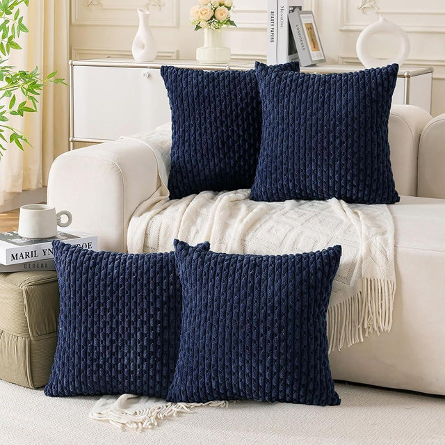 Cozoomy Set of 4 Navy Blue Decorative Throw Pillow Covers 18x18 Inch Corduroy Pillow Covers for Bed Couch Sofa Living Room Soft Square Cushion Cases