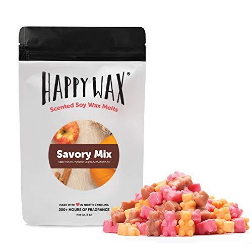 Happy Wax - Savory Mix - Scented Soy Wax Melts - Large (8 oz) Pouch of Scented Wax Tarts - Over 200 Hours of Fantastic Fall Fragrance! [Pumpkin Souffle, Cinnamon Chai, Apple Harvest]