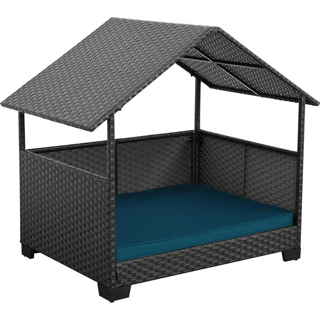 HDPE Wicker Dog House for Medium/Big Dogs 39x30x41in, Outdoor Dog Bed House with Canopy and All-Weather Non-Slip Dog Cot Cushion, Oversize Rattan Dog Bed Shelter and Pet Cabana, Black