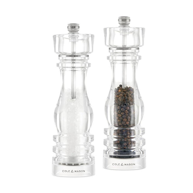 Cole & Mason London Refillable Spice Mill - Kitchen & Home Accessory - Salt & Pepper Grinder Set - Salt Mill with Ceramic Mechanism - Pepper Mill with Carbon Steel Mechanism - 8", Acrylic