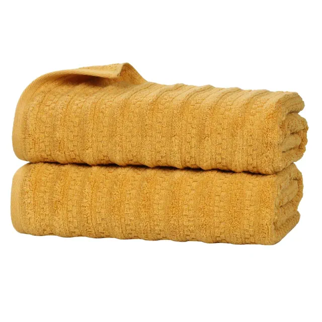 Waffle Textured Stripes Zero Twist Cotton Medium Weight Bath Sheets, Set of 2, Gold - Blue Nile Mills
