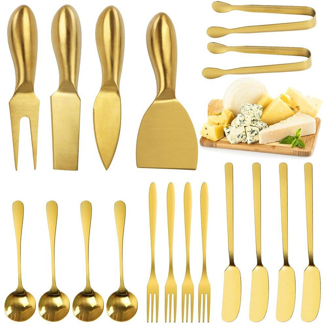 YECERCAN 18 pieces Charcuterie Board Accessories, Gold Stainless Steel Cheese Knives, Butter Knife Spreader, Appetizer Forks, Mini Serving Tongs Spoons for Gathering Wedding Birthday...