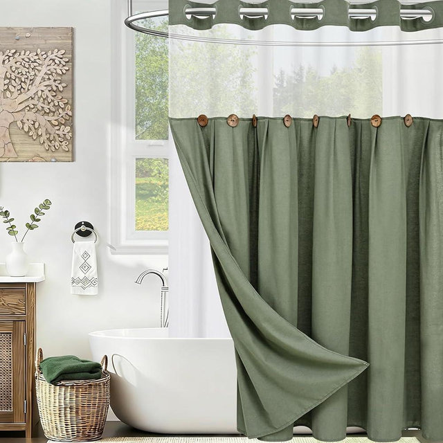 ASPMIZ Farmhouse Shower Curtain and Liner Set, No Hook Shower Curtain with Snap in Liner Fabric, Linen Washable Waterproof Bathroom Curtains with Button, Mesh Top Window, Green, 71"x 74"