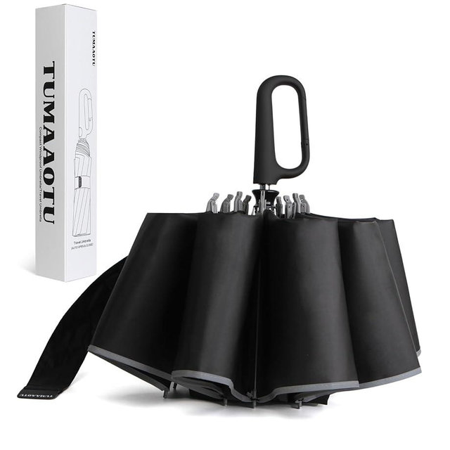 TUMAAOTU Inverted Umbrella with Carabiner Handle, Wind Proof Umbrellas For Rain, 46 Inch Portable Reverse Folding Umbrella, Car Umbrella for Women Men, 10 Ribs