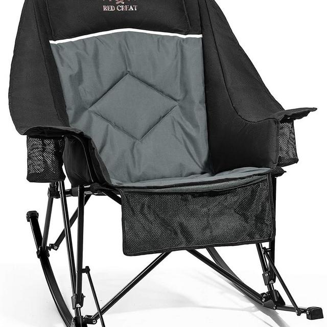 RED CREAT Oversized Rocking Camping Chair, Heavy Duty XL Folding Rocker for Adults, Padded High Back Big & Tall, 400 lb Capacity with 2 Cup Holders & Carry Bag for RV, Lawn, Patio & Sports