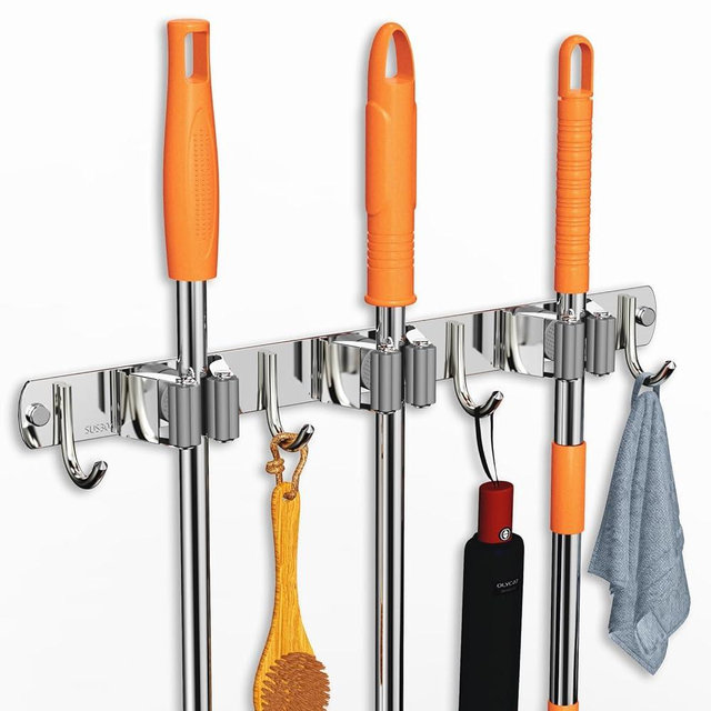 CUXIXA Mop and Broom Holder Wall Mount, Upgraded Broom Organizer Wall Mount, Stainless Steel Broom Hanger Wall Mount for Home Kitchen Garden Laundry Garage (3 Racks with 4 Hooks)