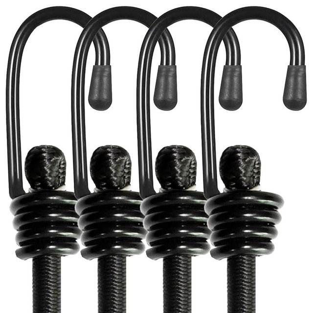 BEXSLE Bungee Cords with Hooks, Heavy Duty Outdoor Elastic Bungee Straps，No Odour Industrial Grade Bungee Rope for Securing Tarps, Luggage, Tents, Bikes or Garden Tidying 48inch 4Pcs (Black)