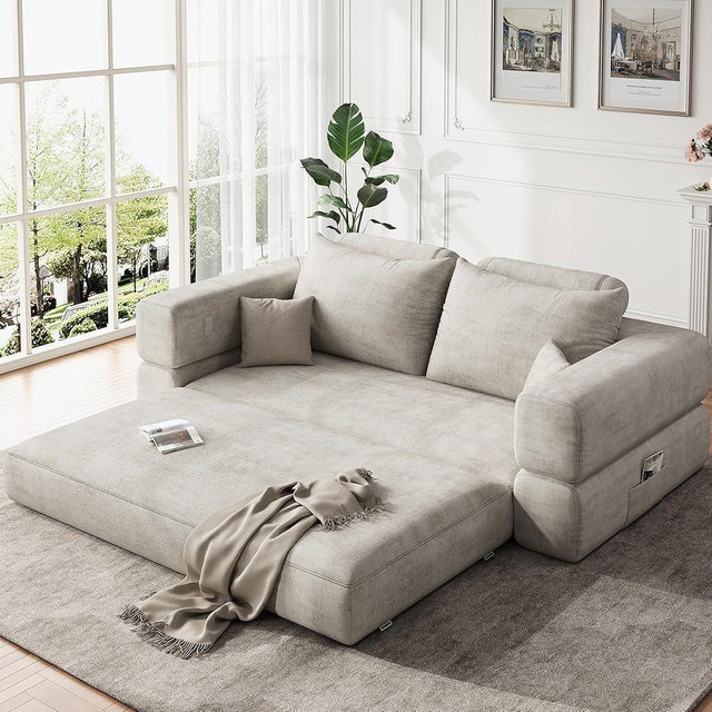 Jocoevol 75'' Queen Folding Convertible Sofa Bed with Large Pillow, 4-in-1 Floor Foldable Futon Sofa Bed, Chenille Boneless Mattress Couch, Floor Sleeper Sofa Chair Bed for Living Room/Bedroom, Beige