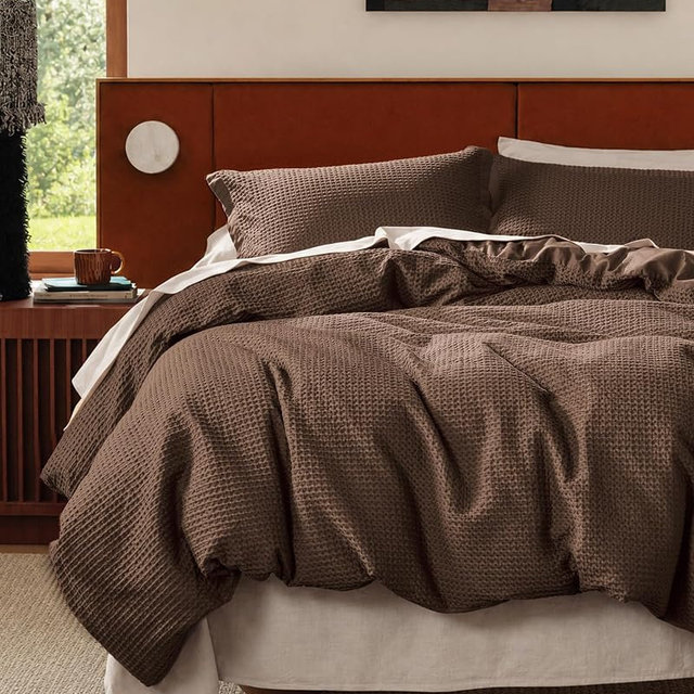 Bedsure Cotton Duvet Cover Set - 100% Cotton Waffle Weave Chocolate Brown Duvet Cover California King Size, GentleSoft™ and Breathable Cal King Bedding Set for All Season, 3 Pieces, 104"x98"