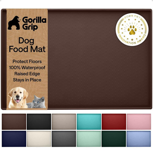 GORILLA GRIP 100% Waterproof Raised Edge BPA Free Silicone Pet Feeding Mat, Dog Cat Food Mats Contain Spills Protects Floors, Placemats for Cats and Dogs Water Bowl, Pets Accessories 26x17 Brown