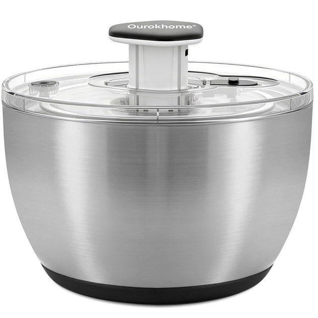 Ourokhome 6.3 QT Stainless Steel Salad Spinner, Large Lettuce Spinner with One-Hand Press Pump, Brake Button, Non-Slip Base and Retractable Handle, Vegetable Washer & Dryer for Greens, Fruits and Herb