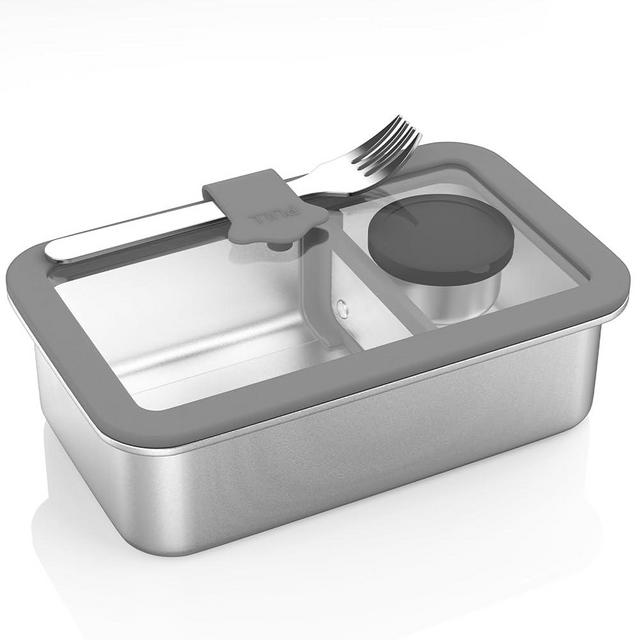 Stainless Steel Bento Box for Adult, 42oz Leak-Proof Lunch Box Containers with Adjustable Divider, Microwave-Safe, Metal Lunchbox with Glass Lid for Work Travel, Silver