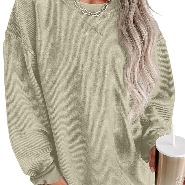 ONLYSTORY Womens Sweatshirts Casual Cored Corduroy Pullover Tops Oversized Long Sleeve Crewneck Shirts