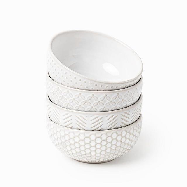 FOBENTA Cereal Bowls Set of 4, 26 oz Lena Ceramic Soup Bowls for Kitchen, Embossment Modern Design Handmade Fruit, Ramen, Rice Bowls, Microwave, Dishwasher Safe, Ideal Housewarming, Christmas Gifts
