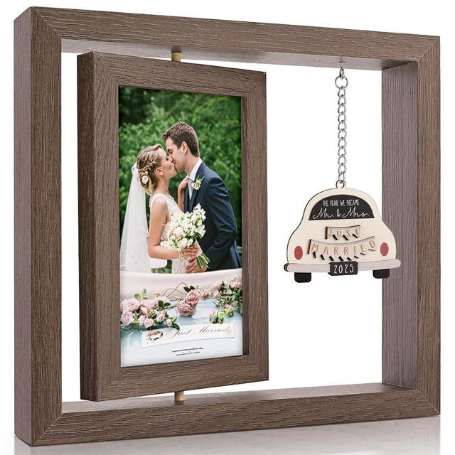 LukieJac Wedding Gifts for Couples 2025,Rotating Floating Just Married 4x6 Picture Frame Mr and Mrs Wedding Gifts for Newlyweds, Bridal Shower Gift for Bride to Be