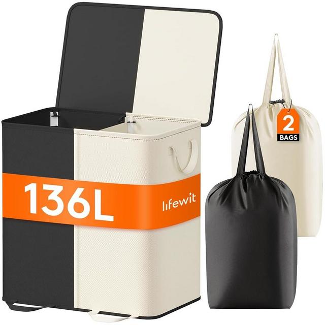 Lifewit Double Laundry Hamper with Lid and Removable Laundry Bags, Large Collapsible 2 Dividers Dirty Clothes Basket with Handles for Bedroom, Laundry Room, Closet, Bathroom, College, White&Black