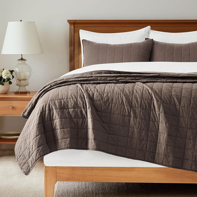 EVERGRACEHOME 100% Cotton Box Stitch Quilt Bedding Set Queen Size 3 Pieces, Garment-Washed Lightweight Soft Cozy Coverlet, Quilted Bedspread Sets with 2 Shams for All Season, Cocoa Brown