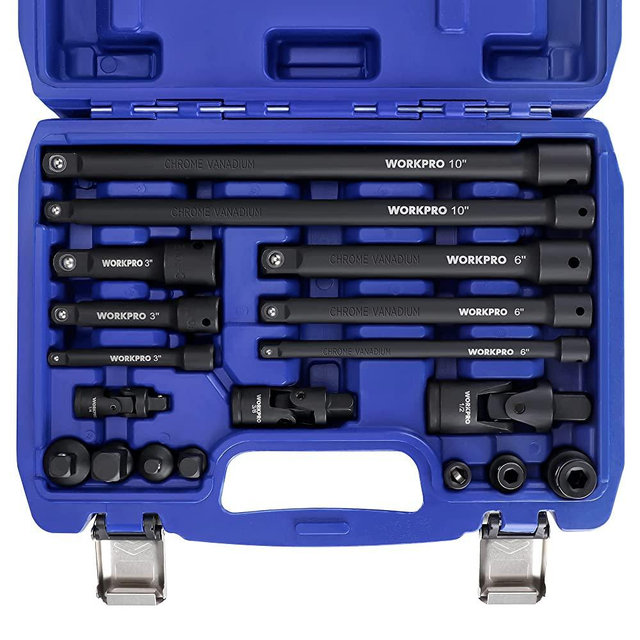 WORKPRO 18-Piece Drive Tool Accessory Set, Includes Socket Adapters, Extensions, Universal Joints and Impact Coupler, Socket Accessories, 1/4", 3/8" & 1/2" Drive