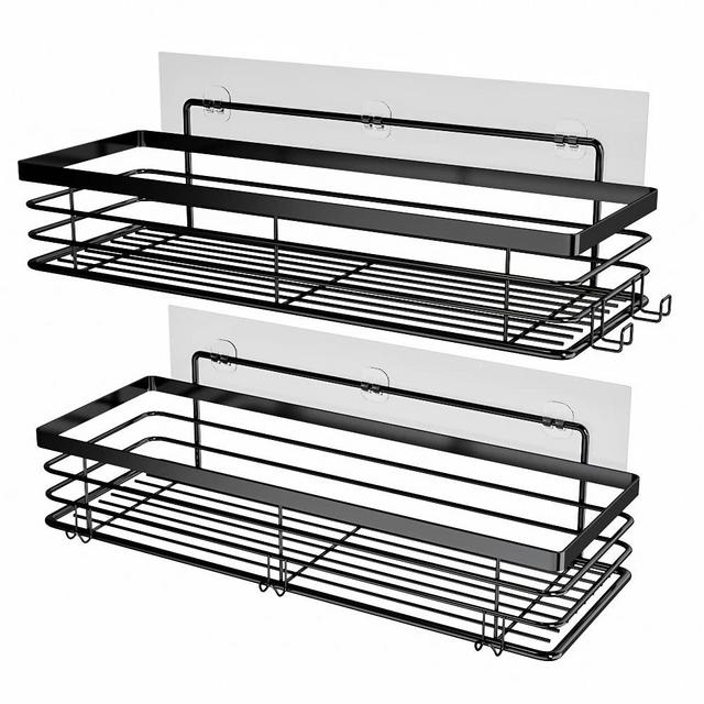 Orimade Shower Caddy with 5 Hooks for Hanging Razor and Sponge Adhesive Shower Shelf Basket Bathroom Storage Organizer Kitchen Rack No Drilling Stainless Steel Rustproof - 2 Pack,Black