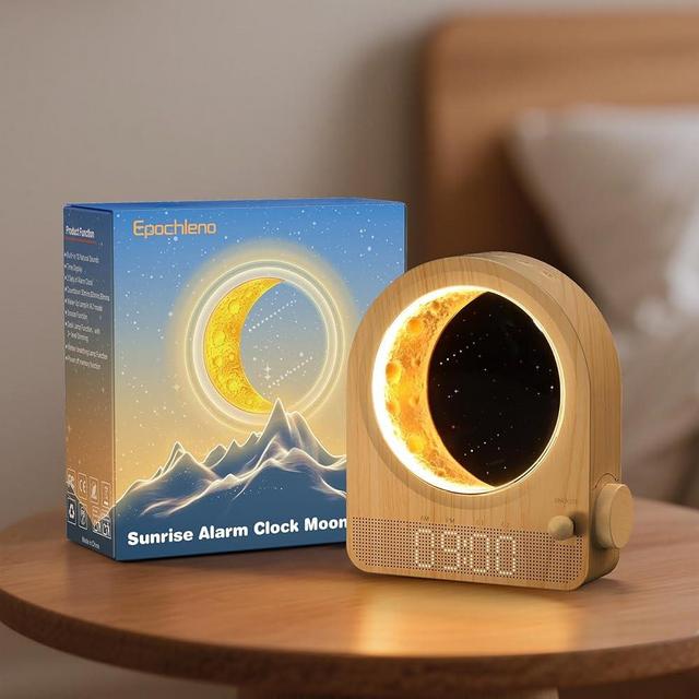Epochleno Sunrise Alarm Clock, White Noise Machine & Meteor Moonlight - 10 Soothing Sounds, Dual Alarms, 30/60/90min Timer, Easy Snooze - Bedroom Gift for Insomnia Adults/Women - Wood