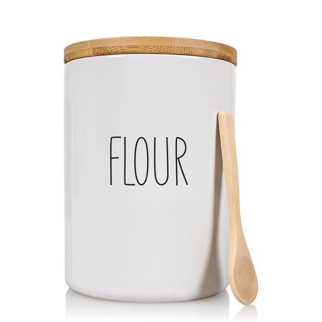ARTHAUSEN Flour Ceramic 1080mL 4 cup Storage Jar Canister with Airtight Bamboo Lid, Silicone Seal and Spoon, Modern Abstract Art Design for Kitchen Counter or Bathroom - Flour Sugar Coffee