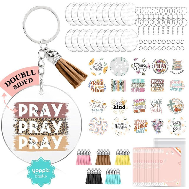 YOPPIX 140 PCS Acrylic Keychain Blank Set, Faith Double-Sided UV DTF Stickers Acrylic Keychain Making Kits for Vinyl DIY Craft Project