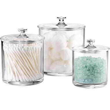 Premium Quality Acrylic Qtip Holder Apothecary Jars Bathroom Vanity Organizer Canister for Qtips,Cotton Swabs,Cotton Balls,Cosmetic Pads,Flossers,Nail Polish,Bath Salts,Clear,Plastic | 3-Pack