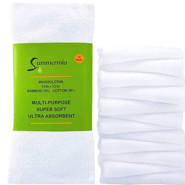 12 Pack Bamboo Washcloths 13" x 13" - Soft Wash Cloths for Your Face Towel, Wash Cloths for Your Body (White)