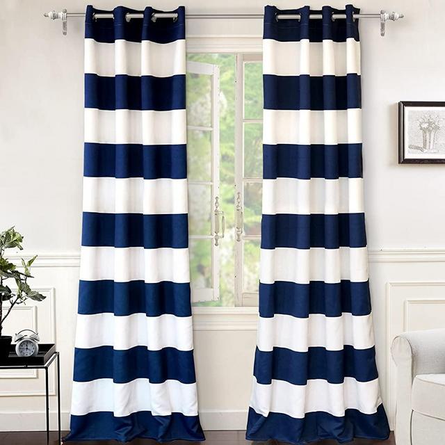 DriftAway Mia Stripe Room Darkening Grommet Unlined Window Curtains 2 Panels Each 52 Inch by 96 Inch Navy