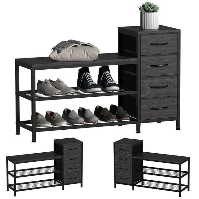 EXOTICA 3 Tier Entryway Bench Shoe Storage Bench with 4 Fabric Drawers Metal Frame and Wooden Board Shoe Rack Bench with Seat for Entryway Hallway Front Door Doorway
