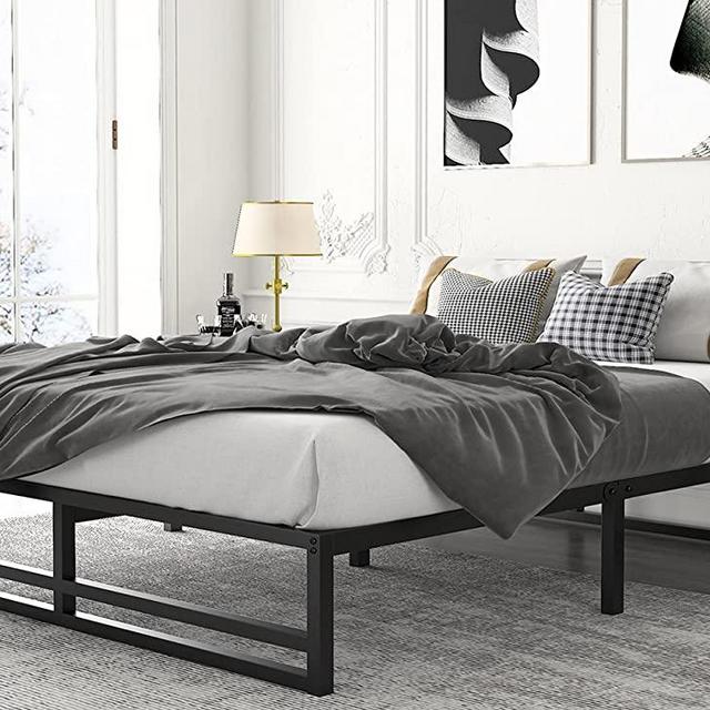 Amolife Metal Platform Bed Frame with Wood Slat Support,Mattress Foundation, Queen Size Bed Frame, Black