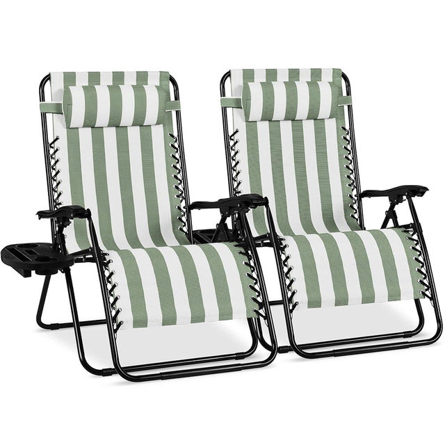 Best Choice Products Set of 2 Extra Wide Adjustable Steel Mesh Zero Gravity Lounge Chair Recliners w/Pillows and Cup Holder Trays - Sage Green Stripes