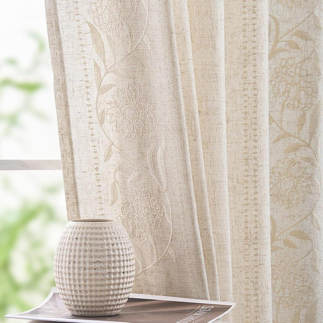 jinchan Winslow Linen Curtains for Bedroom 90 Inches Length Embroidered Bordered Floral Curtains for Living Room Farmhouse Decor Light Filtering Window Treatments Ivory on Beige Drapes 2 Panels