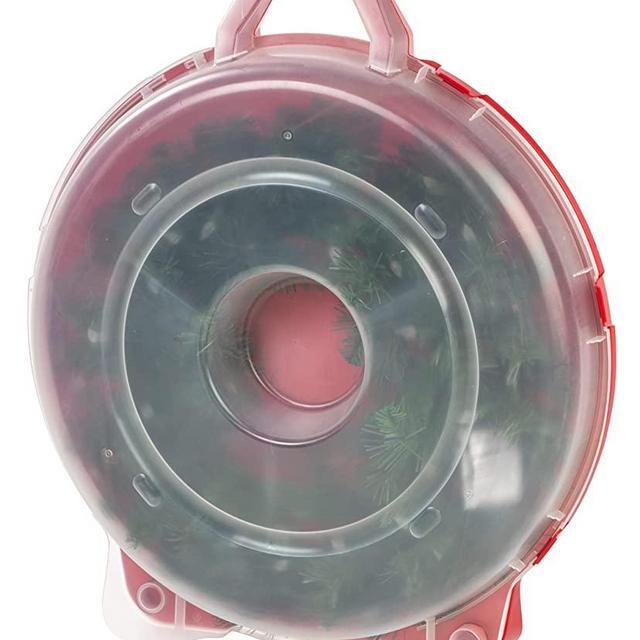 IRIS USA 24" Wreath Storage Container With Latches and Handle, 1 Pack, For Holiday Garland/Wreath, Holiday Decorations, and Heavy Duty, Portable, High Protection, and Space Saving Storage, Clear/Red