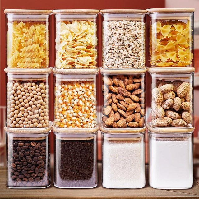 HomArtist Square Glass Jars with Bamboo Lids 17 FL OZ [Set of 12], Glass Canisters with Airtight Lids, Glass Food Storage Containers for Spice, Sugar, Tea, Candies, Cookies, Best for Kitchen & Pantry