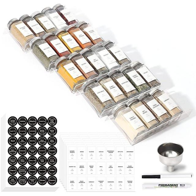 Brippo Spice Drawer Organizer with 24 Spice Jars, 378 Seasoning Labels Sticker, 5 Tier Kitchen Drawer Organizer Expandable Tray Insert for Cabinet/Countertop, 9" Wide x 25.6" Deep