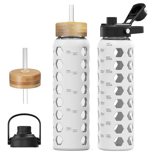 MUKOKO Glass Water Bottles, 32oz Glass Tumbler with Straw, Drinking Bottles with 2 Lids-Handle Spout Lid&Bamboo Straw Lid, Motivational Water Bottle with Time Marker and Silicone Sleeve, 1 Pack-White
