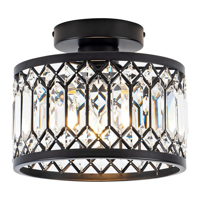 Rpzloila Crystal Ceiling Light Fixture, Modern Semi Flush Mount Ceiling Light,Crystal Chandelier for Kitchen Bedroom Bathroom Entryway Black (Bulb not Included)