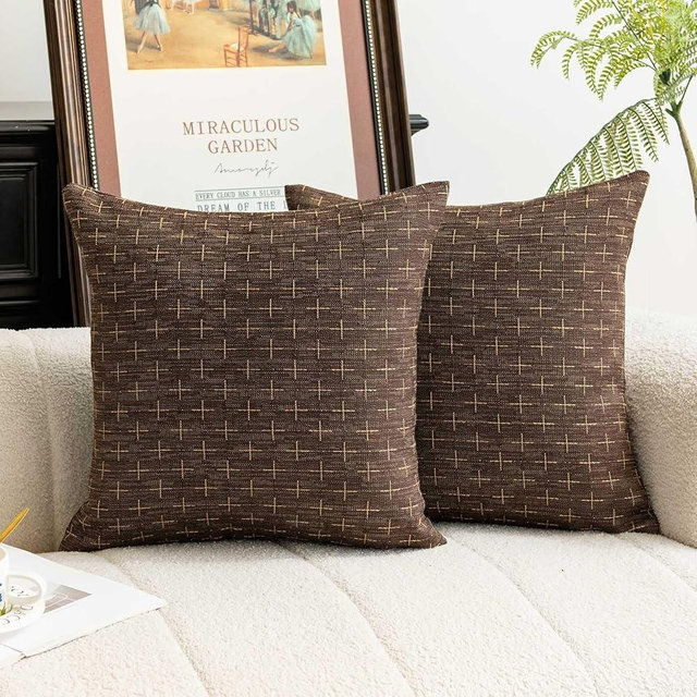 WACOMECO Textured Throw Pillow Covers, Pack of 2 Decorative Burlap Linen Farmhouse Cushion Covers for Couch Sofa Home Decoration, 18x18 inch, Dark Brown