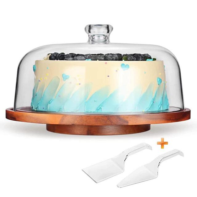 WEHOME Rotating Cake Stand with Dome，Acacia Wood Cake Stand with Acrylic Lid,Revolving Cake Stand Cake Diaplay Plate Holder with Clear Cake Cover for Cakes，Cupcakes，Pastries,Cookies,Desserts&etc.