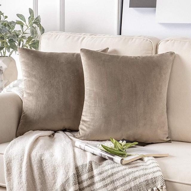 Phantoscope Pack of 2 Velvet Decorative Throw Pillow Covers Soft Solid Square Cushion Case for Couch Light Coffee 18 x 18 inches 45 x 45 cm